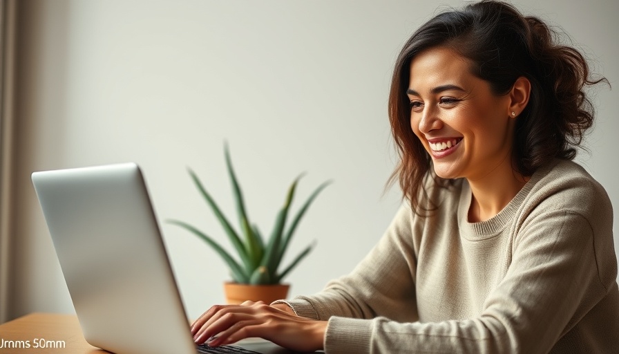 AI in HR: Woman smiling at laptop in well-lit room.