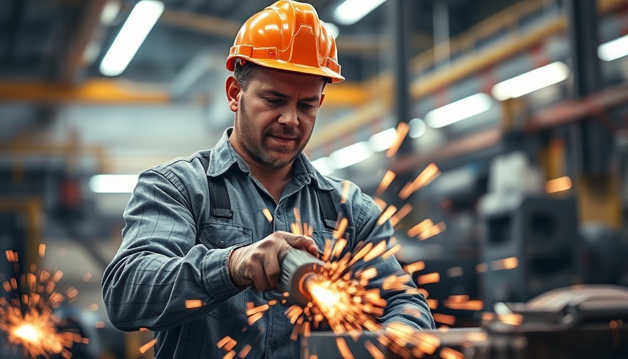HR technology in manufacturing: worker grinding metal, sparks flying.