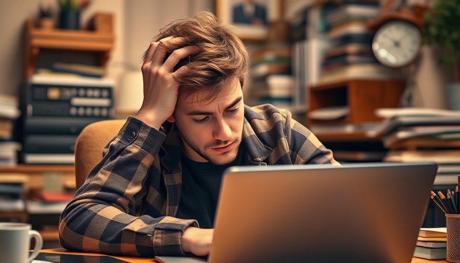 Young man overwhelmed with work in cozy home office, career choices in academia vs startups.