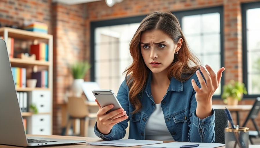 Young woman looking confused while checking her phone about 5G home internet availability.