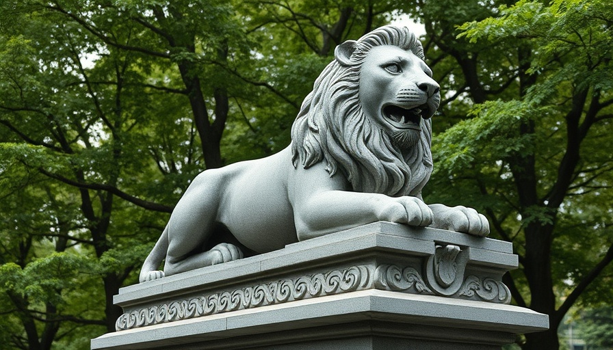 Stone lion sculpture amidst greenery, natural daylight.