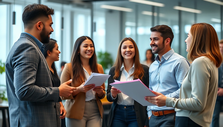 Young professionals exchanging ideas in a modern office setting.