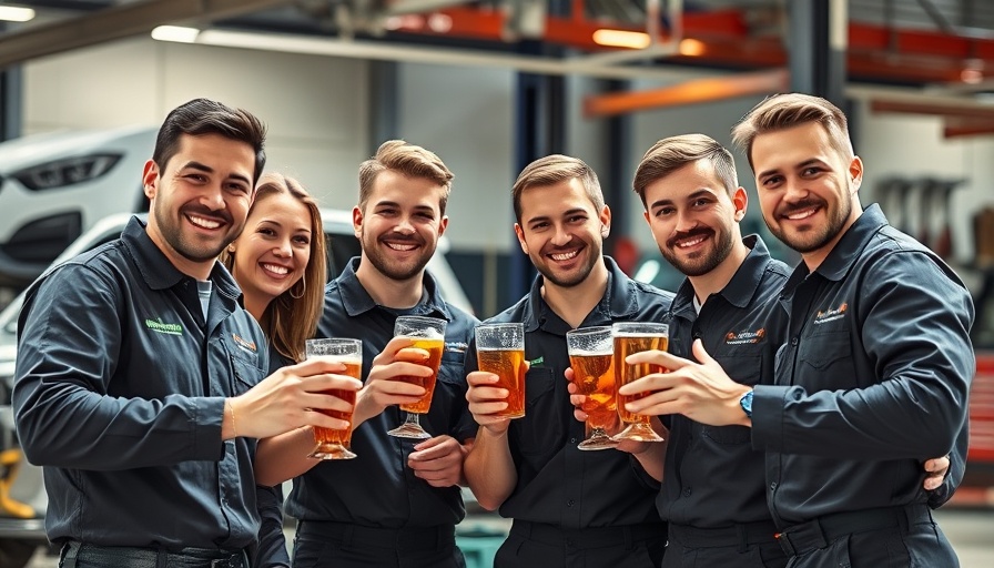Group of young technicians celebrating outdoors in Valvoline uniforms.