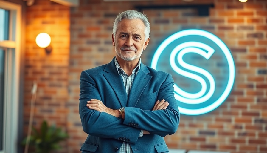 Older man standing confidently in an urban office with neon sign, Omaha.