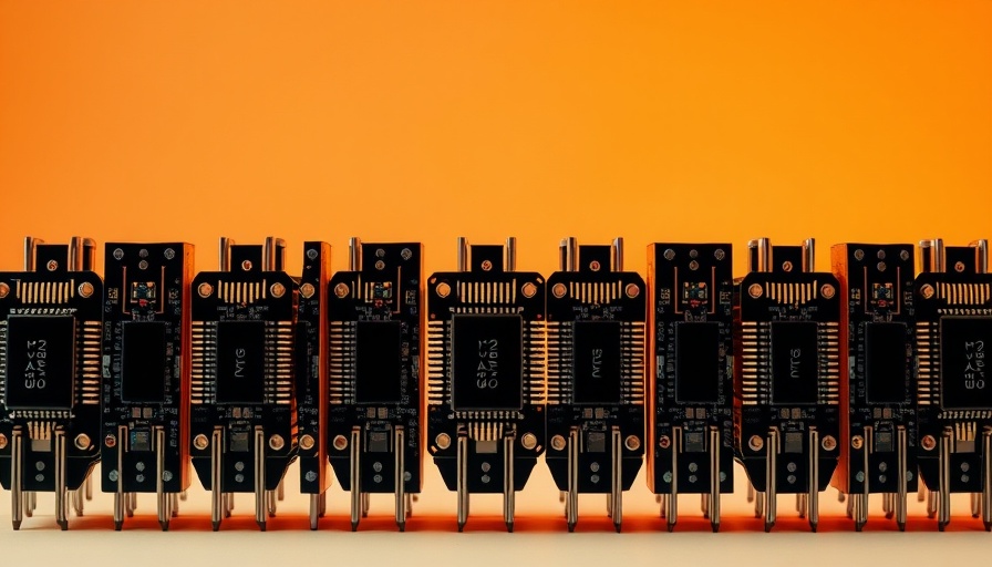Generative AI strategy conceptualized through aligned microchips on a minimalist background.