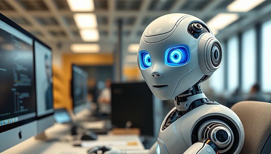 AI recruiting software concept with friendly robot and computers.