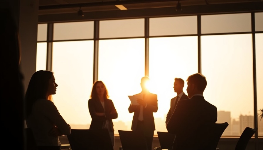 Confident team meeting, silhouette of professionals in office.