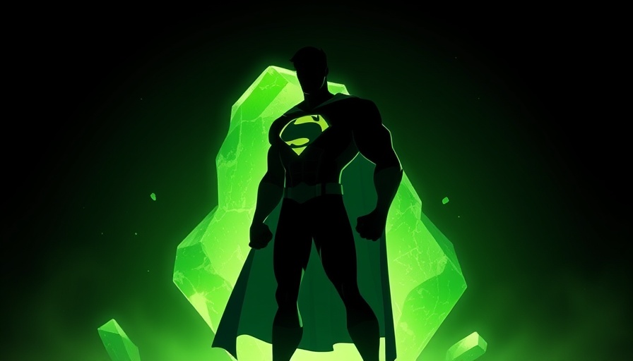 Superhero silhouette with glowing kryptonite, symbolizing leadership strengths and weaknesses.