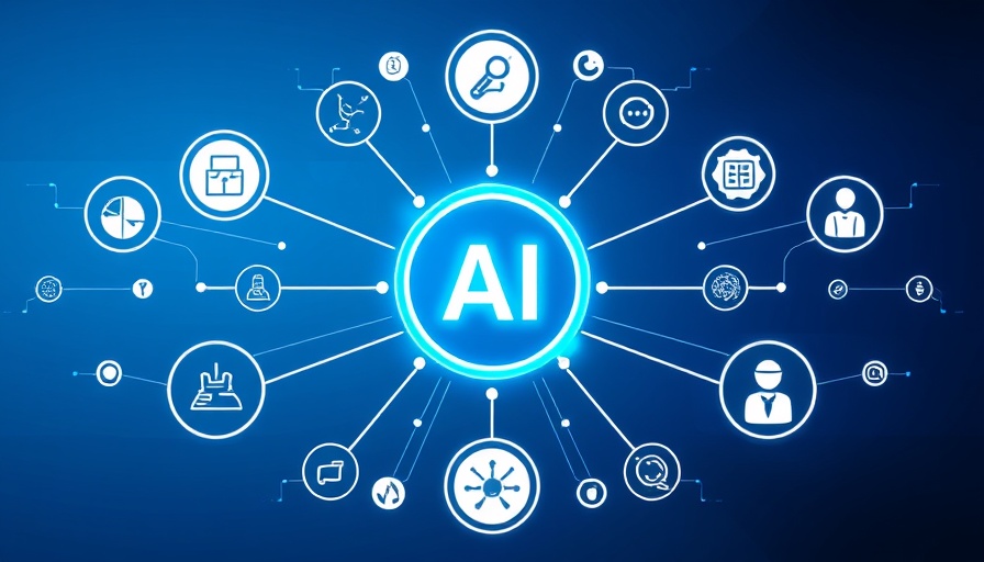 AI in recruiting concept with technological icons on blue background.