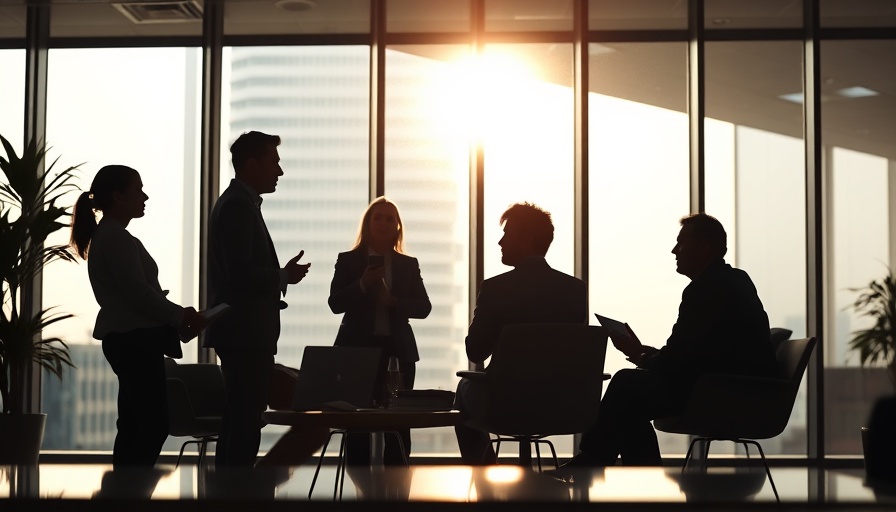 Professionals discussing change management strategies in modern office.