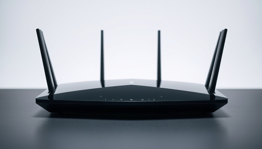 Modern Wi-Fi router design with antennas, various tech features.