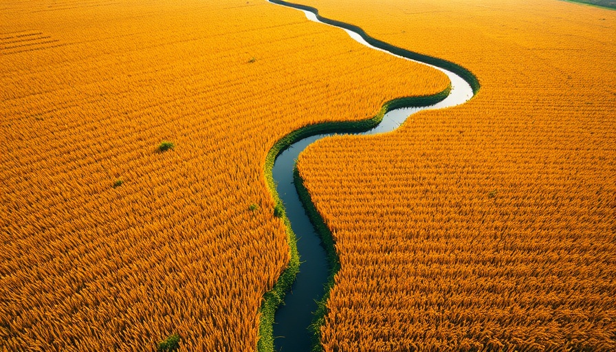 Aerial view of golden rice fields and canal promoting uplifting and inclusive culture.