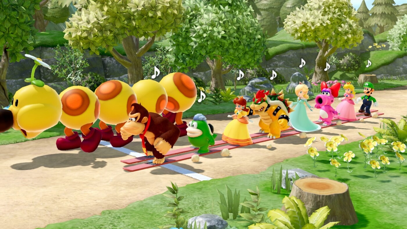 Super Mario Party Jamboree upgrade scene with animated characters.