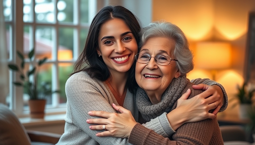 Smiling young caregiver embracing elderly woman indoors for employer branding.
