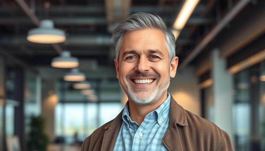 Smiling man in modern office, representing HR technology.