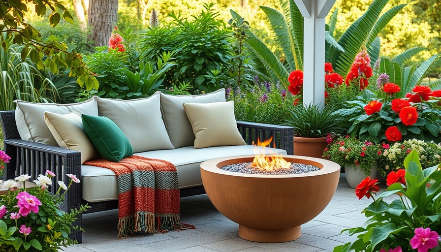 Cozy patio with sofa and fire pit for extending patio season.