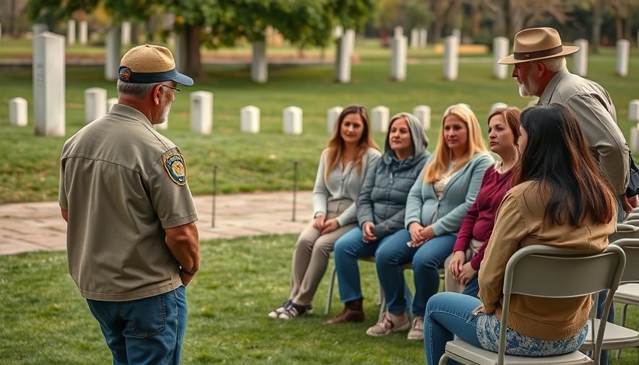Park ranger speaking to group at outdoor memorial, US federal employees allowed to evangelize scene.