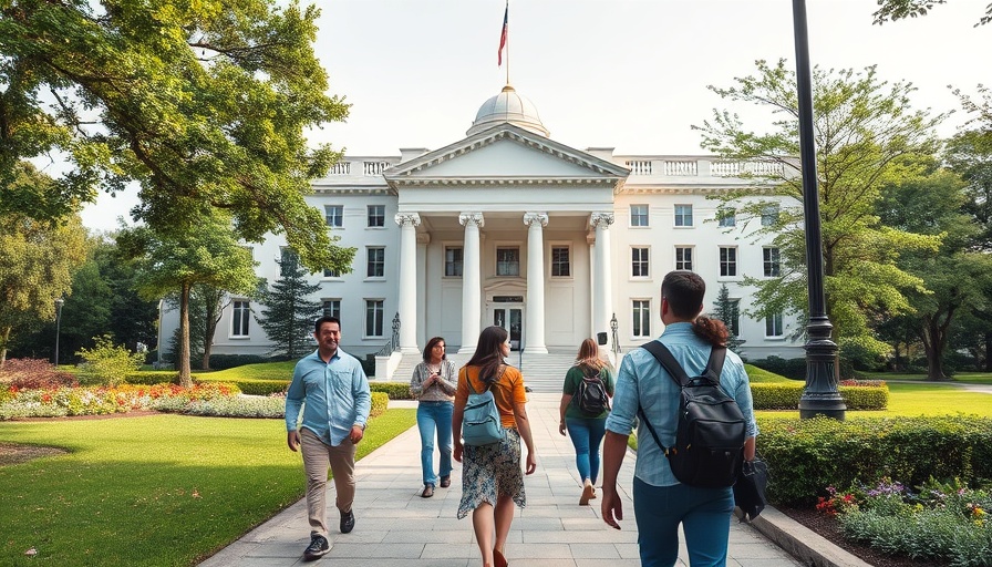 Casual pedestrians near a government building reflecting hiring trends