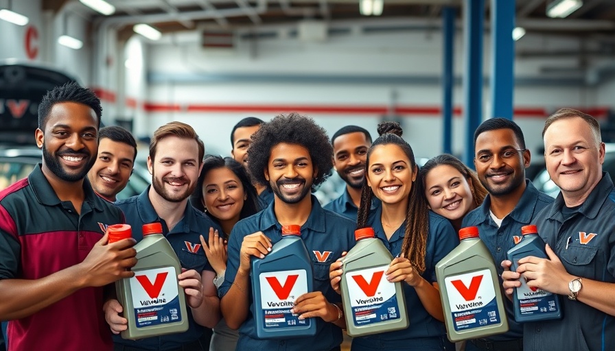 Valvoline diverse workforce smiling in garage for 2024 impact report.