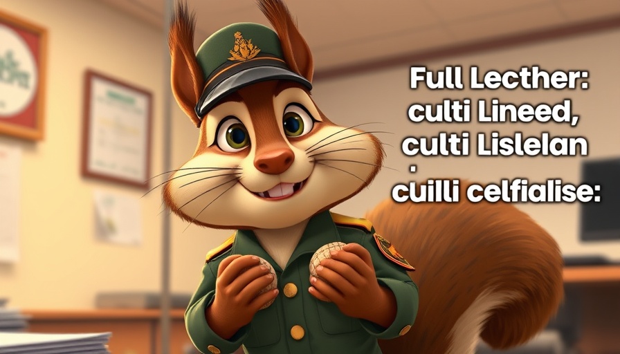 Cartoon squirrel in military attire with a classified office theme.