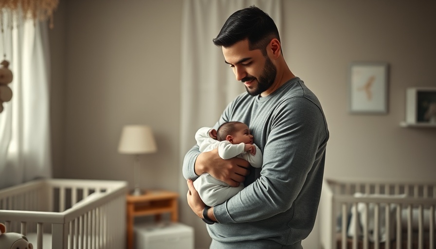 Father holding baby in serene nursery, highlighting caregiving aspects related to FMLA’s location-based qualification rules.