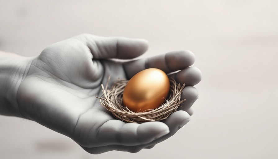 Golden egg in nest held by hand, symbolizing cash cushion for retirement.