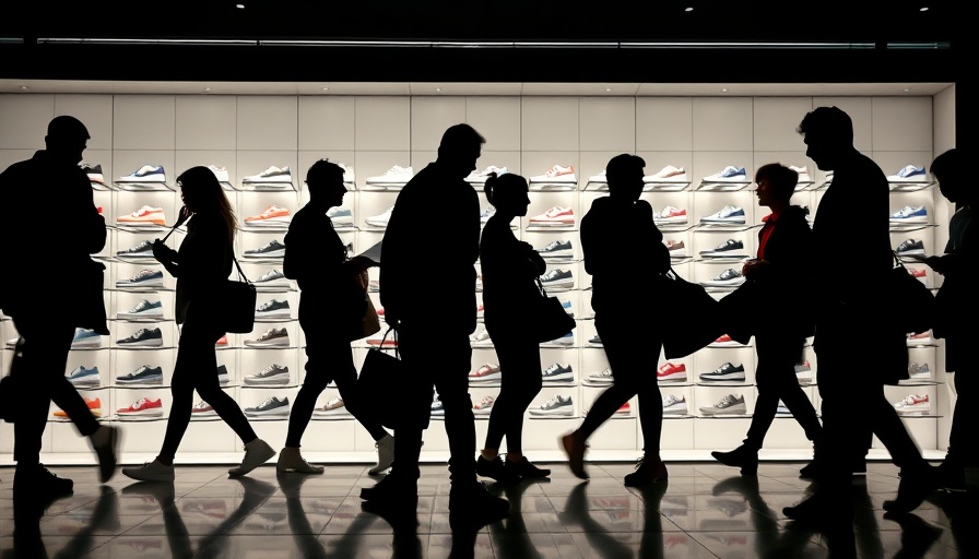 Silhouetted shoppers look at sneakers in a store display.