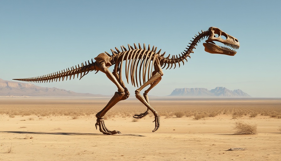Dinosaur skeleton in desert landscape under clear blue skies, high-speed internet options