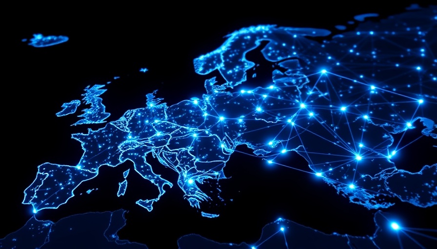 Illuminated map of Europe with network lines symbolizing global connectivity.