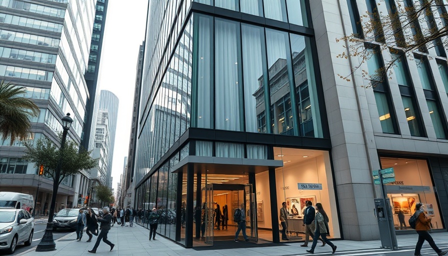 Urban office building entrance showcasing modern architecture.