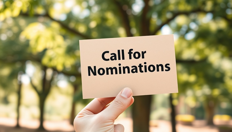 Sign reading 'Call for Nominations' held in natural outdoor setting.