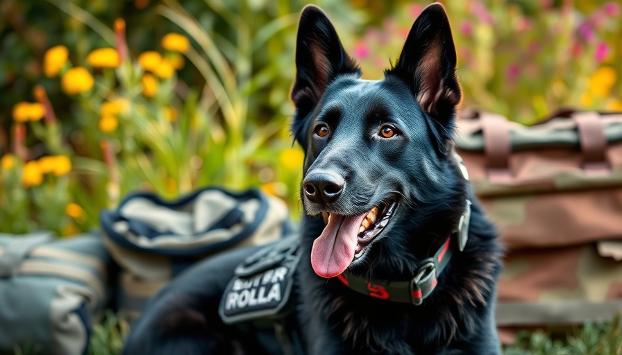 Alert black German Shepherd in tactical gear, K9 Bane Legacy Fund.