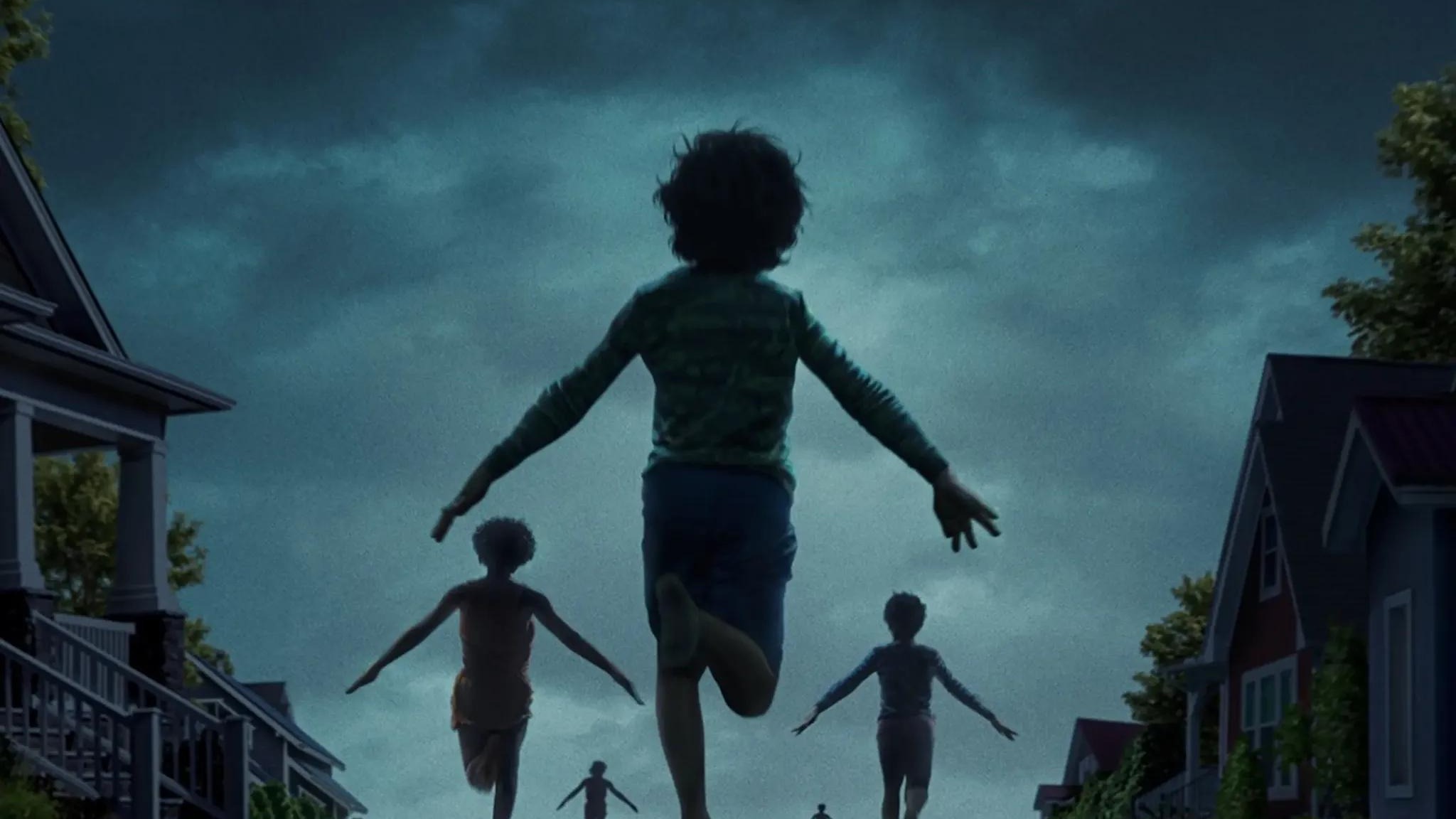 Silhouette of child running on a dimly lit street in eerie scene.