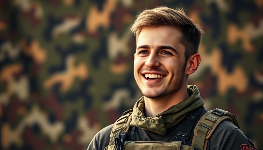 Young man in military gear confidently shares bravery stories
