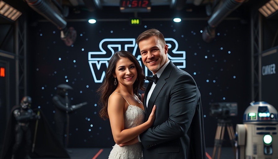 Elegant couple posing at Star Wars event, showcasing joy and elegance.