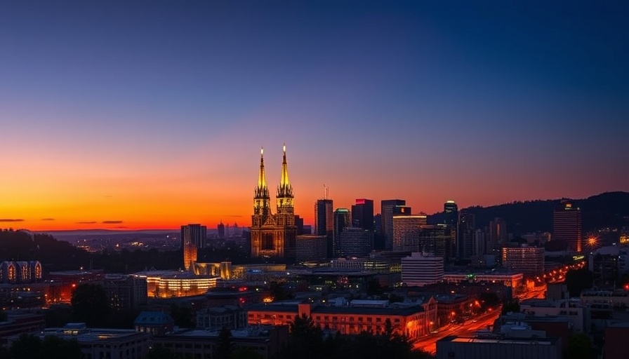 Twilight Portland skyline with iconic twin spires view, Oregon.