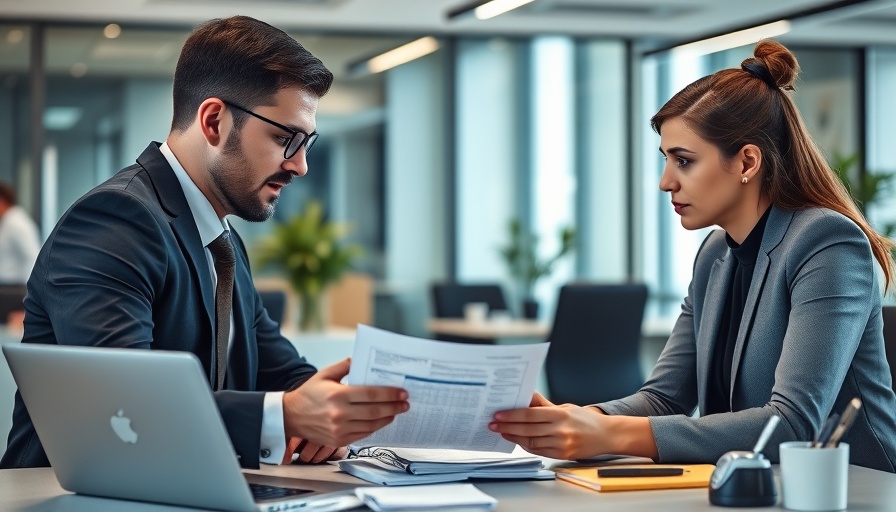 Business meeting discussing a document in a modern office.