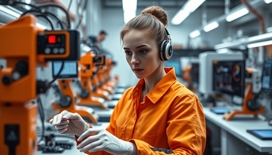 Young woman in orange jumpsuit working with robotic equipment in tech lab