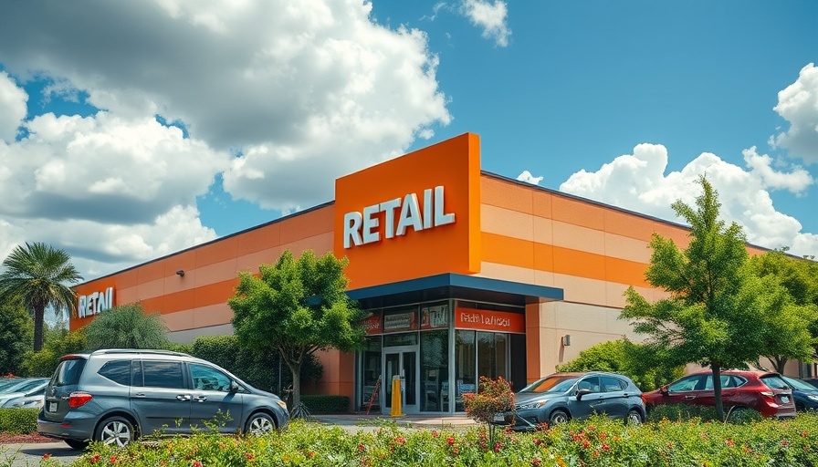 Large retail store entrance with orange sign and parked cars in the daytime.