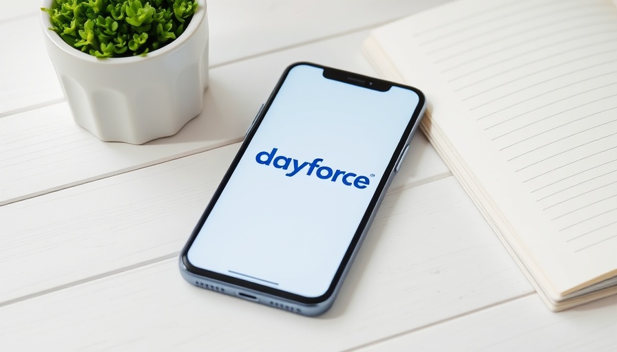 HR technology Dayforce logo on smartphone with green plant and notebook.