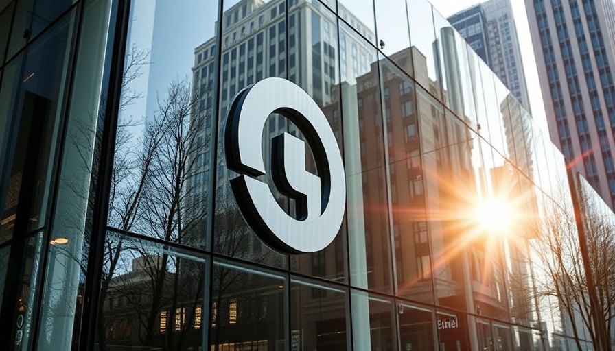 Modern building facade featuring a large abstract logo, representing broadband infrastructure funding.