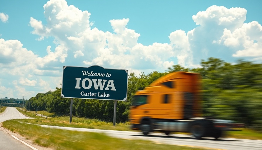 Carter Lake in Iowa welcome sign with yellow truck passing by.