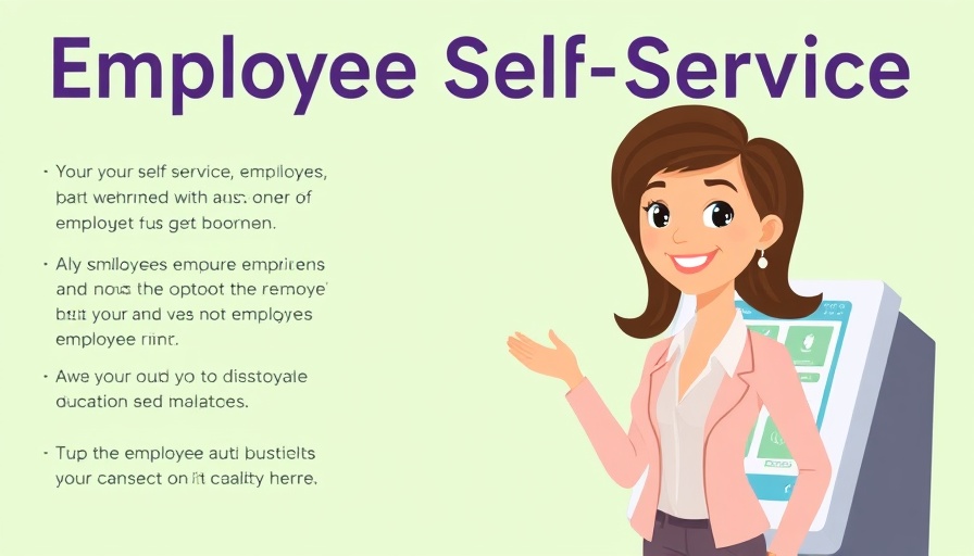 Illustration of woman using employee self-service kiosk with guidance.