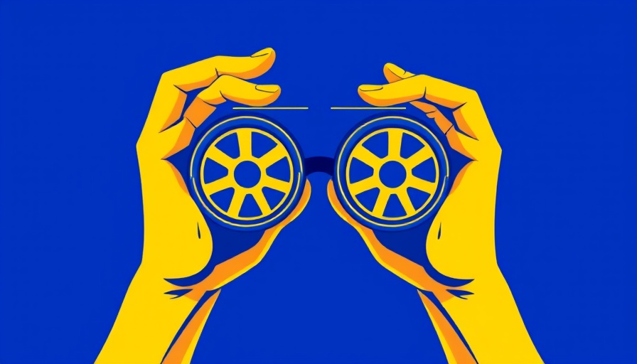 Graphic of hands as binoculars with car wheels, symbolizing leadership and vision.