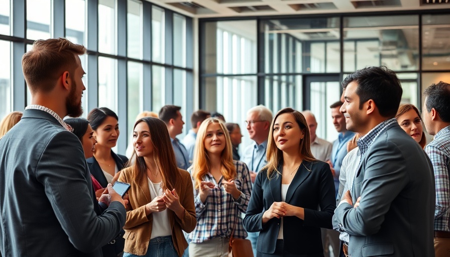 Professionals networking at a job search event in modern office.