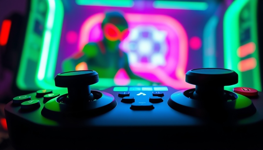 Gaming console with colorful controllers and futuristic game display.