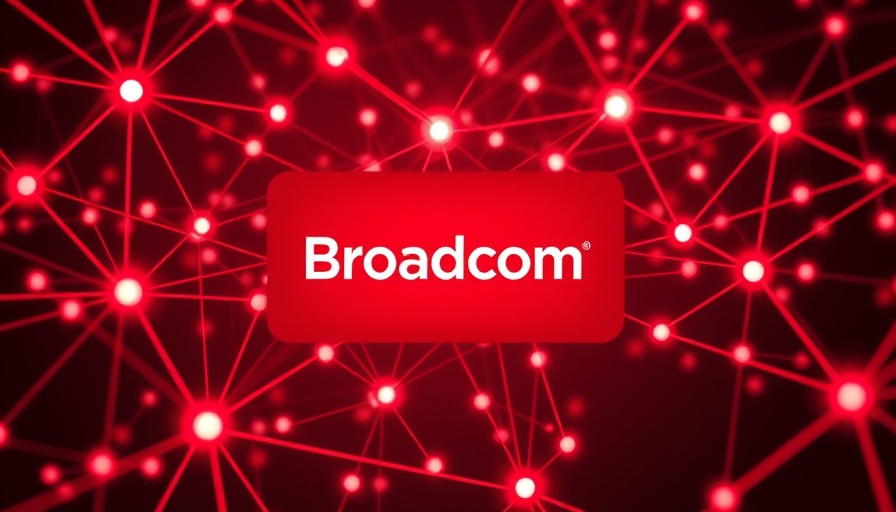 Broadcom logo on red digital network background.