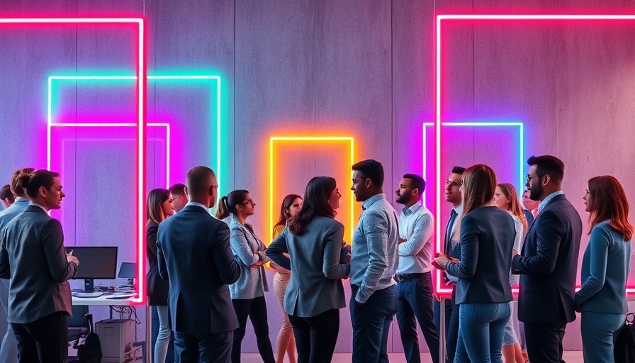 Diverse business team collaboration amidst neon lights.