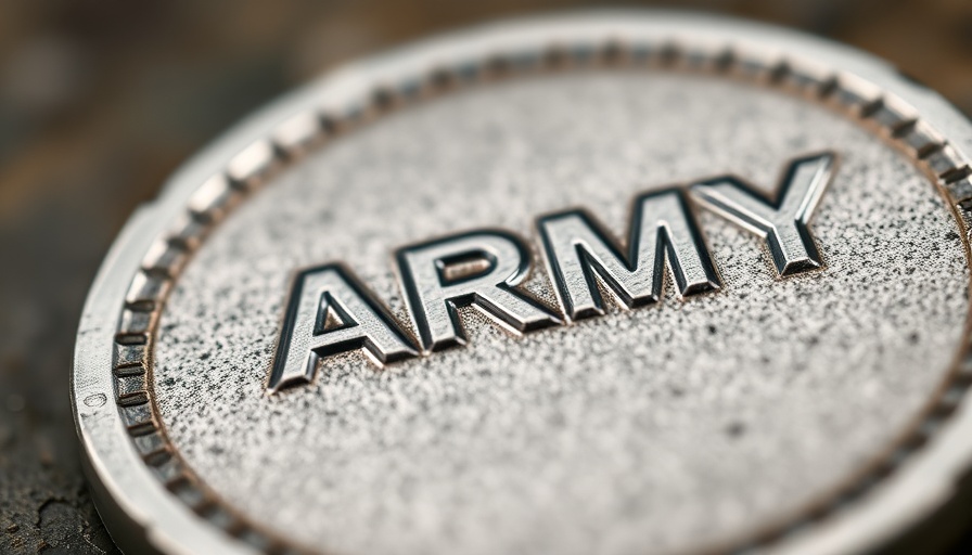 Close-up of ARMY engraving on military insignia disc, representing military training systems advancement.