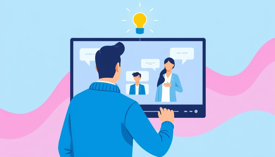 Stylized digital meeting illustration with abstract wave background.